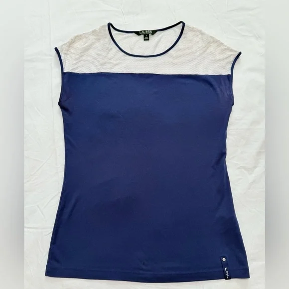 Lauren Ralph Lauren Women’s Sleeveless Navy Blue Top – Mesh Yoke, Size S - Picture 1 of 6